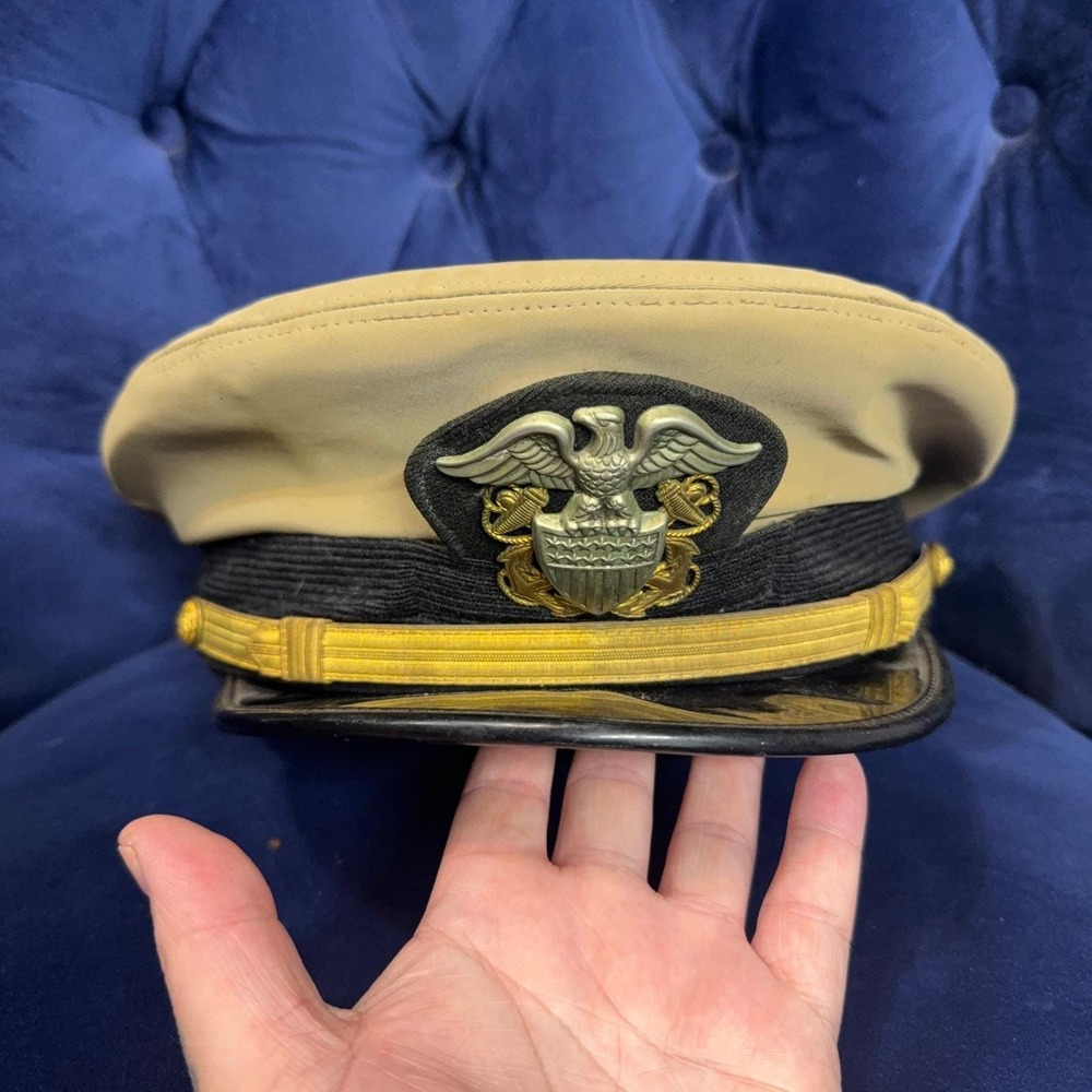 US Navy Warrant Officer Cap Mens Tan Vintage WWII Eagle Crest